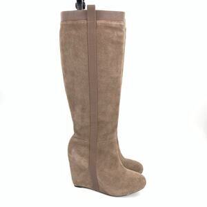 $495 Pour La Victoire Gwenda Tall Suede Leather Wedge Boots Sz 8.5 Womens Brown